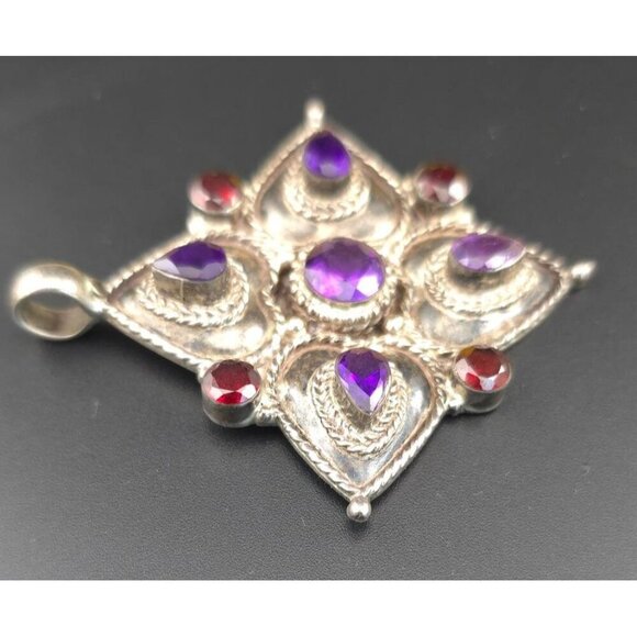 Vintage 925 Sterling Silver Pendant Amethyst & Garnet Stones Intricate Design - Picture 6 of 12